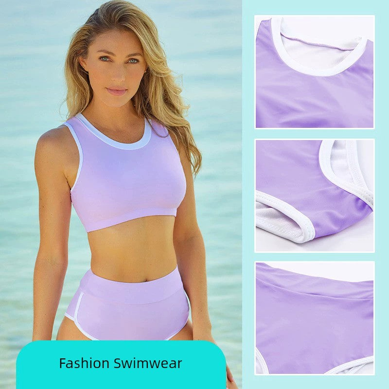 European American Summer New Bikini Swimming Suit Sport Waistcoat for Women Two-piece Set Plus Size Contrast Color Binding High Waist Swimsuit